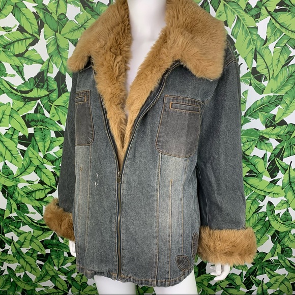 Y2K Faded Glory Coat 2X Denim & Faux Fur Penny Lane 2000s Bratz Style Afghan - Picture 3 of 11